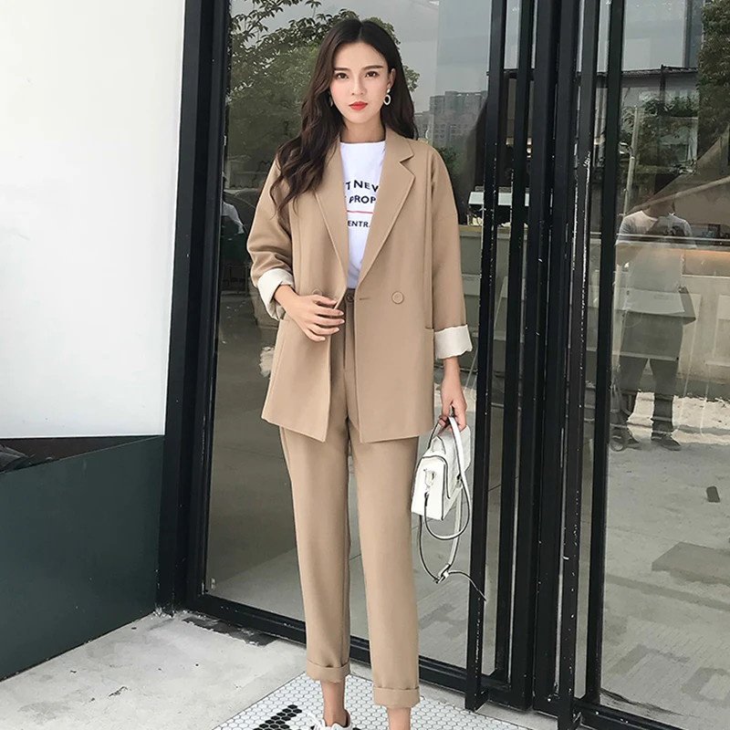 

2 Two Piece Set Women Blazer and Long Pencil Pants Trouser Tracksuit Plus Size Jacket Outfits Double Breasted Office Lady Suit