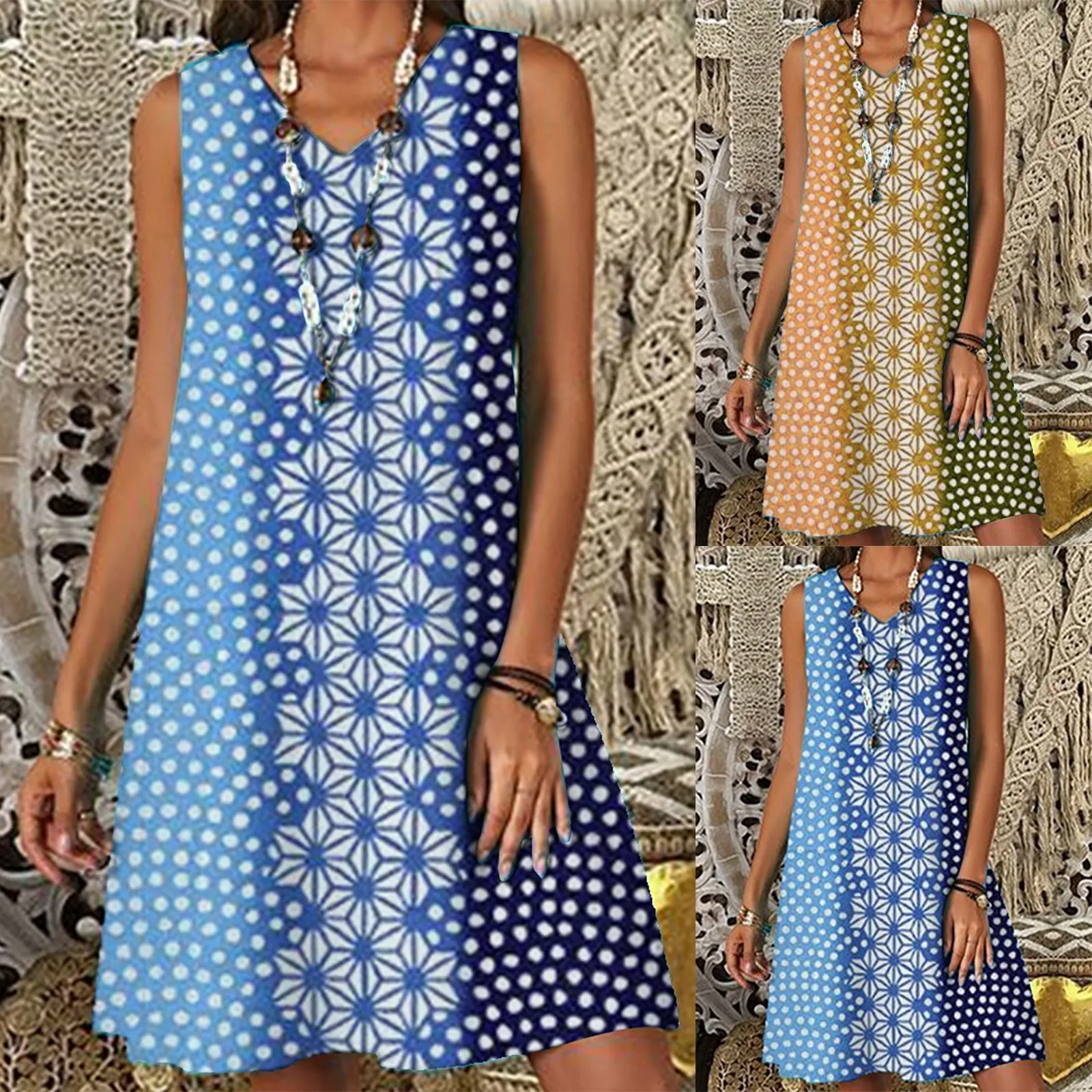 Dress Women's Vintage Bohemian Print Summer Casual Fashion Print V-neck Sleeveless Large Size Loose Dresses Платье Vestidos 1