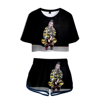 

New Billie Eilish 3D Exposed Navel T-shirt+Shorts Women's Two-piece sets Summer Billie Eilish 3D girl's two-piece black suits