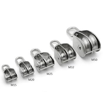 

1Pcs M32 Double Pulley Block Chain Traction Wheel Stainless Steel Heavy Duty Steel Swivel Lifting Rope Block Pulley