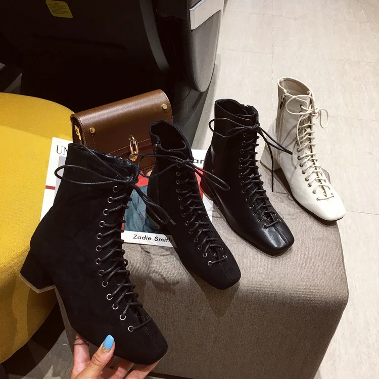 

Autumn Boots Shoes Booties Ladies Bootee Woman 2019 Luxury Designer Zipper Lace Up Chunky Heel Martins For Women Ankle Fashion