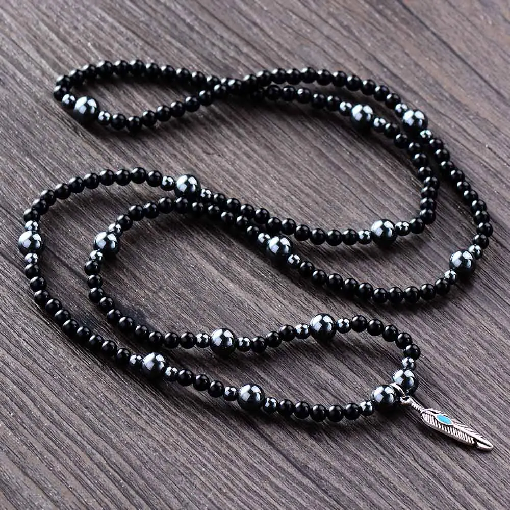 Men Necklaces Steampunk 6MM Black Onyx Hematite with Leaf Charm Couples Necklace Natural Stones Mens Jewelry Dropshipping