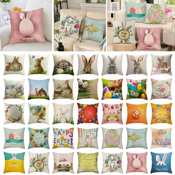 

Decorative Easter Pillow Cushion Cover Easter Cute Bunny Rabbit Egg Printed Linen Decoration Pillow Case for sofa bed 18x18Inch