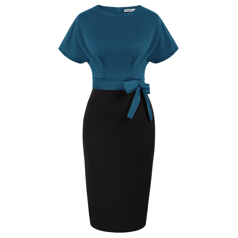 Jasambac Women's Short Sleeve Pencil Dress Solid Color Contrast O Neck Midi Dress With Belt Spring Summer Office Lady Workwear