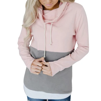 

Women Fashion Splice Colorblock Drawstring High Neck Long Sleeve Sweatshirt Ladies Casual Autumn Warm Cowl Neck Tops Hoodies Pul