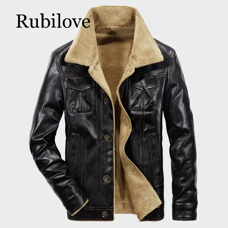 Мужские кожаные куртки Rubilove, Зимние флисовые пальто из искусственной кожи, Повседневная плотная теплая верхняя одежда с широким воротником, байкерская куртка, M-4XL