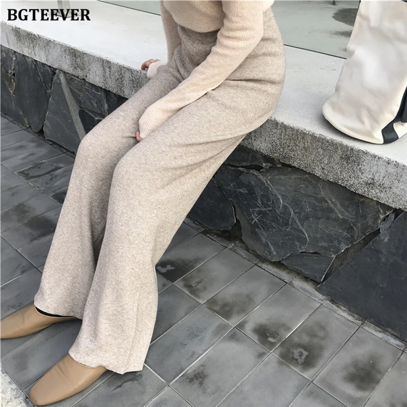 BGTEEVER Autumn Winter Loose Elastic Waist Women Straight Leg Knitted Pant 2020 Ladies Casual Sweater Trouser Floor length Pants