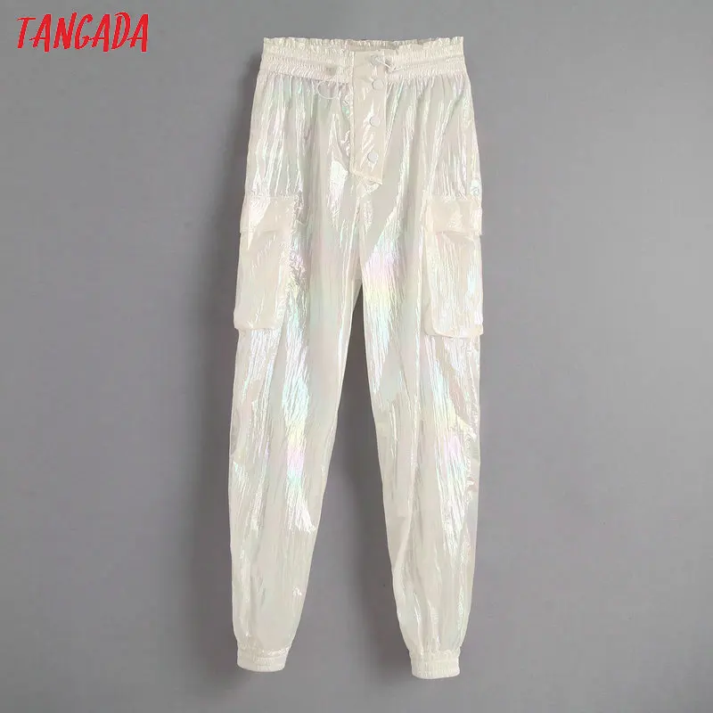 Tangada женские стильные спортивные брюки свободный высокий уличный брюки эластичная талия повседневные брюки женские брюки BE663 - Цвет: Белый