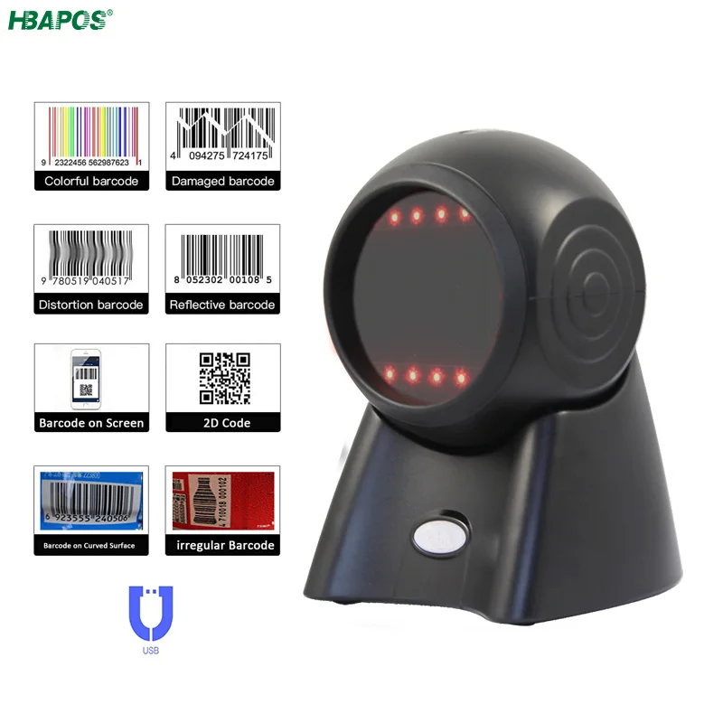 2D сканер штрих-кода Настольная платформа всенаправленный USB-сканер Handsfree 1D QRcode