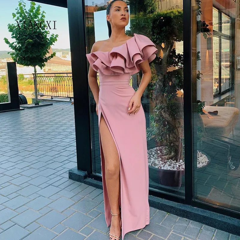 2020 Vestido De Festa Roze Avondjurken Lange Satin Rechte Een Schouder Floor Lengte Vestido De Fiesta De Noches