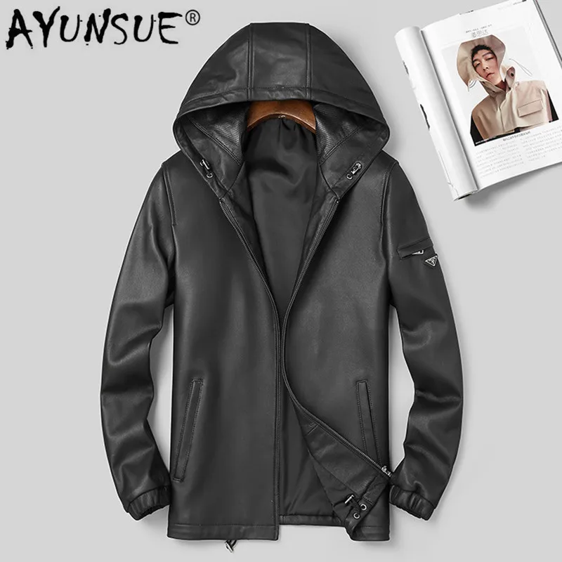 AYUNSUE New Genuine Leather Jacket Men Hooded Spring Autumn Real Sheepskin Coat Motorcycle Real Leather Jackets 3918 KJ2988