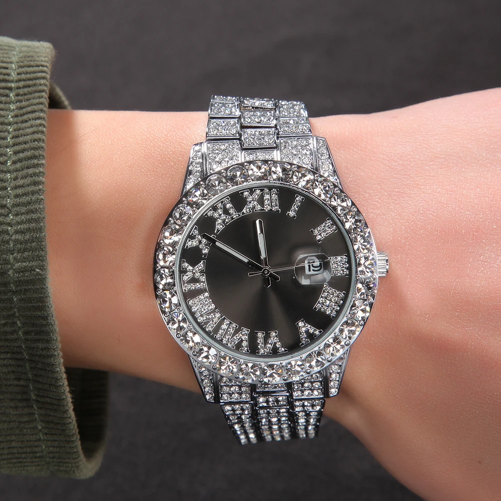 TBTK Men's Watch Big Pink Purple Blue Dial Iced Out Quartz Clock Luxury Rhinestone Business Waterproof Wrist Watches