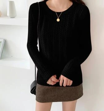 Knitted Sweater Woman Pullover Solid Color Candy Colors Basic Long Sleeves O-neck Jumpers - Цвет: black