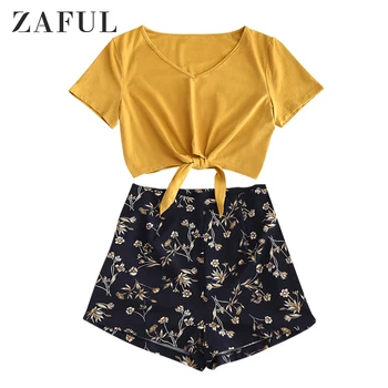 

ZAFUL Tie Hem V Neck Floral Shorts Set