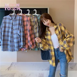 Camisa xadrez feminina, jaqueta de algodão, quente, casual, folgada, verificada, de manga longa, para outono