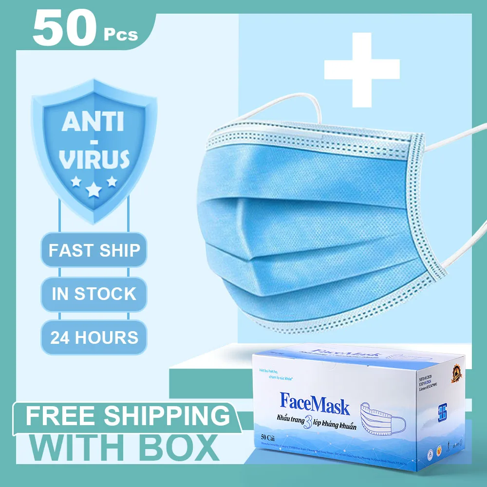 

Fast Shipping Disposable Protective Mask 50PCS Blue Mask Dustproof Antibacterial 3 Layer Non-woven Protection Safety Mask S