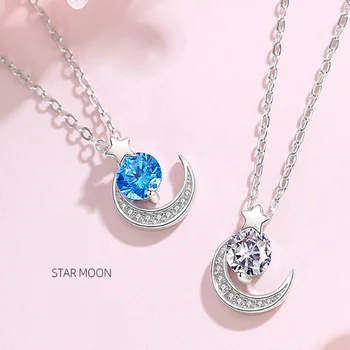 

S925 Silver Star Moon Zircon Necklace Simple Style Clavicle Chain Woman