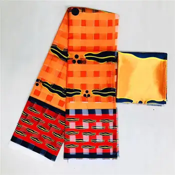 

Latest Design High Quality satin silk fabric with organza ribbon African wax design stain silk 4+2yards