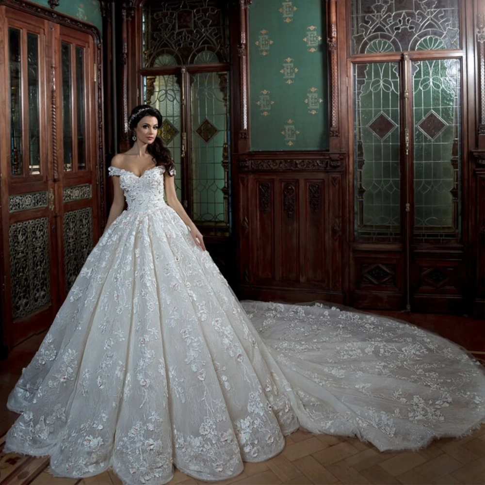 Gorgoeus, Свадебное бальное платье с длинным шлейфом, Vestido De Noiva Princesa, вырез лодочкой, короткий рукав, бисер, аппликация, кружево