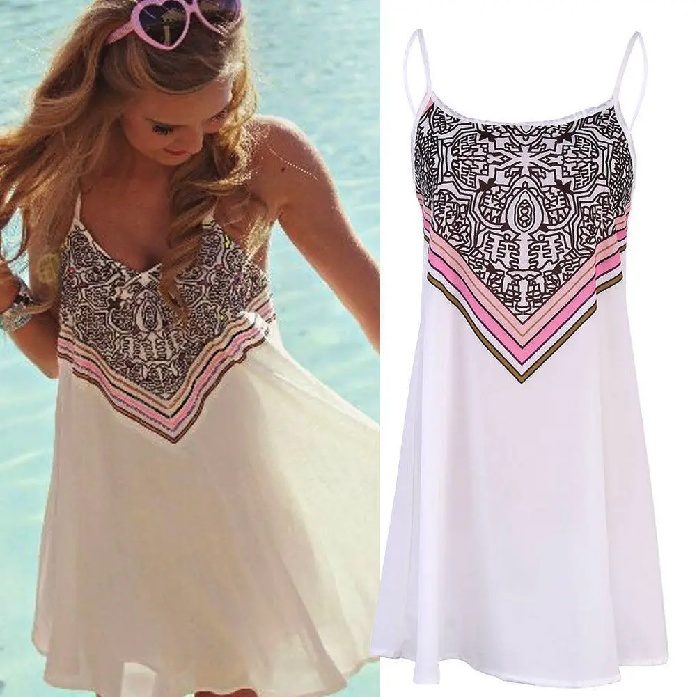 

Fashion Womens Ladies Stylish Printing Summer High Waist Holiday Sleeveless Boho Beach Wear Short Shirt Strap Sling Dresses