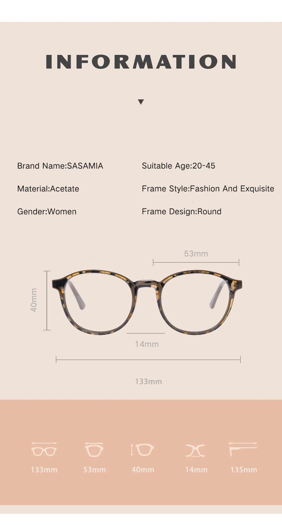 SASAMIA, круглые Ретро оправы для очков, женские ацетатные круглые очки без линз, декоративные очки, оптическая оправа для женщин