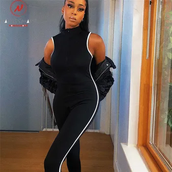 

Women Summer Casual Jumpsuits for Sport Color Matching Design Zipper Decor Stand Collar Sleeveless High Waist Slim Hip Jumpsuits