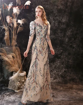 

Lanvendia Luxury Short Sleeve Sequin Lace Applique Dubai Arab Evening Dress 2020 Long Prom Dresses for Grils