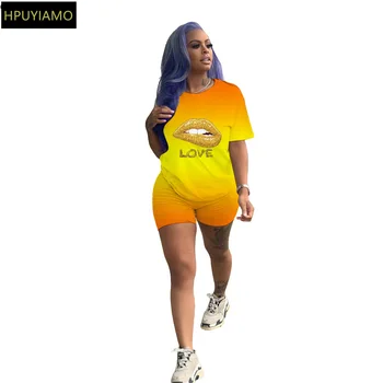 

HPUYIAMO Women Sport Gradient Lips Print Tee Tops Shorts Sweatpants Suit Two Piece Set Fashion Tracksuit Matching Set Outfits