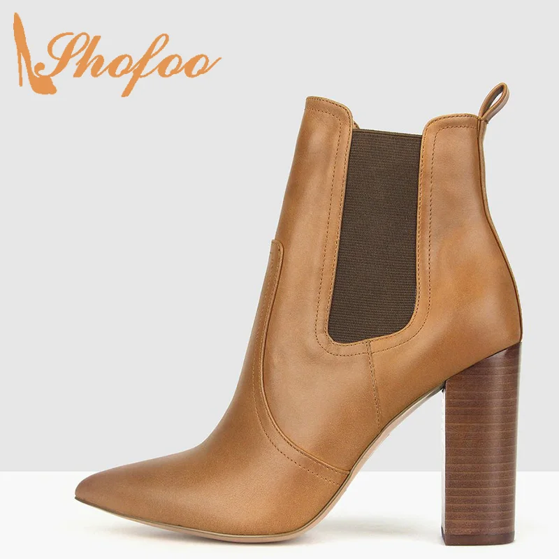 

Tan Booties Pointed Toe Ankle Chelsea Boots Woman High Square Heels Buckle Large Size 13 15 Lady Winter Mature Warm Shoes Shofoo