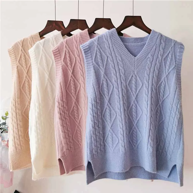 

Casual Autumn Winter Women Pullover Sweater Knitted Vest V Neck Sleeveless Slit Hem Loose Solid Color Korean Student Tank Tops