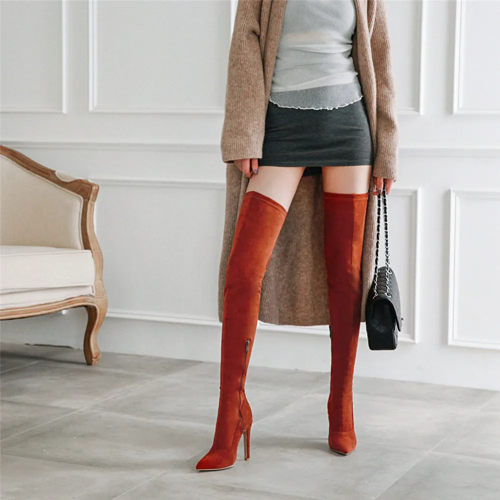 Sarairis Large Size 32-48 Brand Thigh High Boots Flock Pointed Toe Shoes Woman Sexy Thin High Heels Over The Knee Boots Women