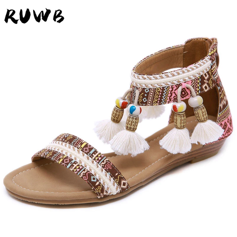 

RUWB National Tassel Women Summer Sandals Bohemian Low Heel Large Size Comfortable Roman Women Shoes Ladies Sandalias Mujer 2019