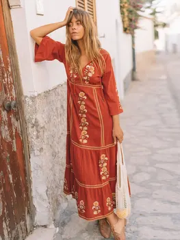 

Summer new style of nepalese national style embroidered long dress Bohemian holiday beach flower embroidered dress