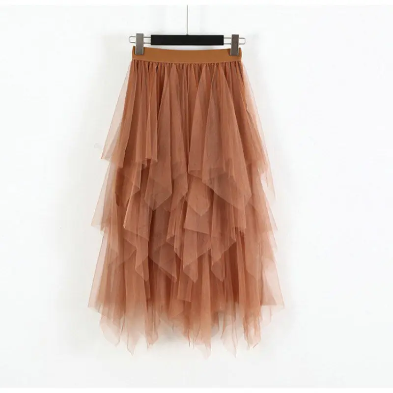 

Women Wild Skirt Irregular Mesh Stitching Waist Long High 2019 Solid Color Paragraph Elastic shein Skirts