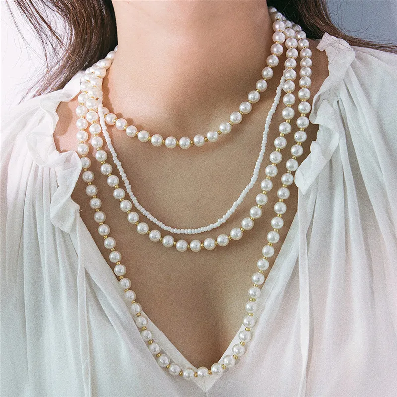 

AE-CANFLY Simple Geometric Round Multi-layer Item Personalized Multi-layer Tassel Pearl Beads Trendy Necklace Female Jewelry