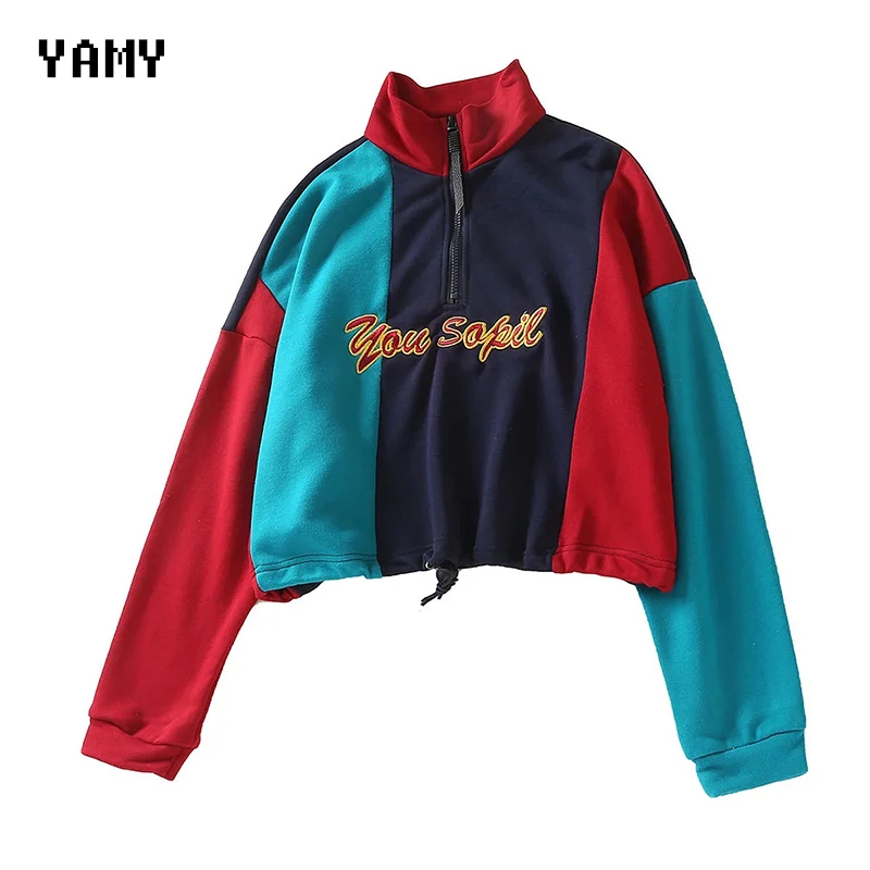

INS fashion Womens hakajuku Pullovers embroidered letters you sopil patchwork punk Coat chic Outwear Jacket Autumn Pullovers