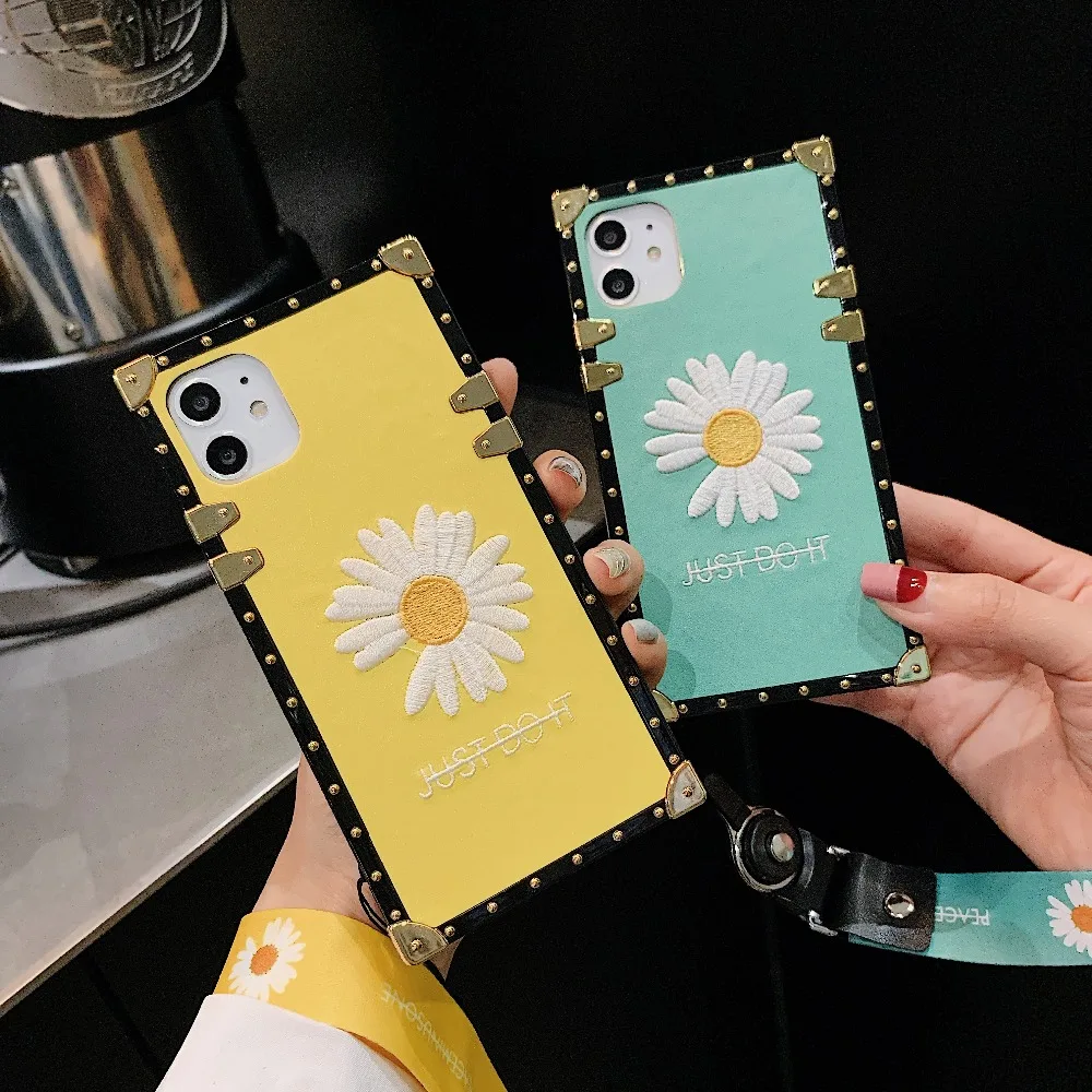 Cases For iPhone 11 Pro Max Xs Max Xr Cover Square Embroidery Floral Daisy Cover For iPhone X Xs 6 6S 7 8 Plus Case With String (8)