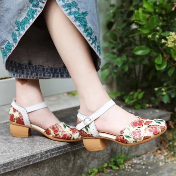 

new arrival women 2020 summer genuine leather medium heel shoes female printting flower sandals summer shoes 888