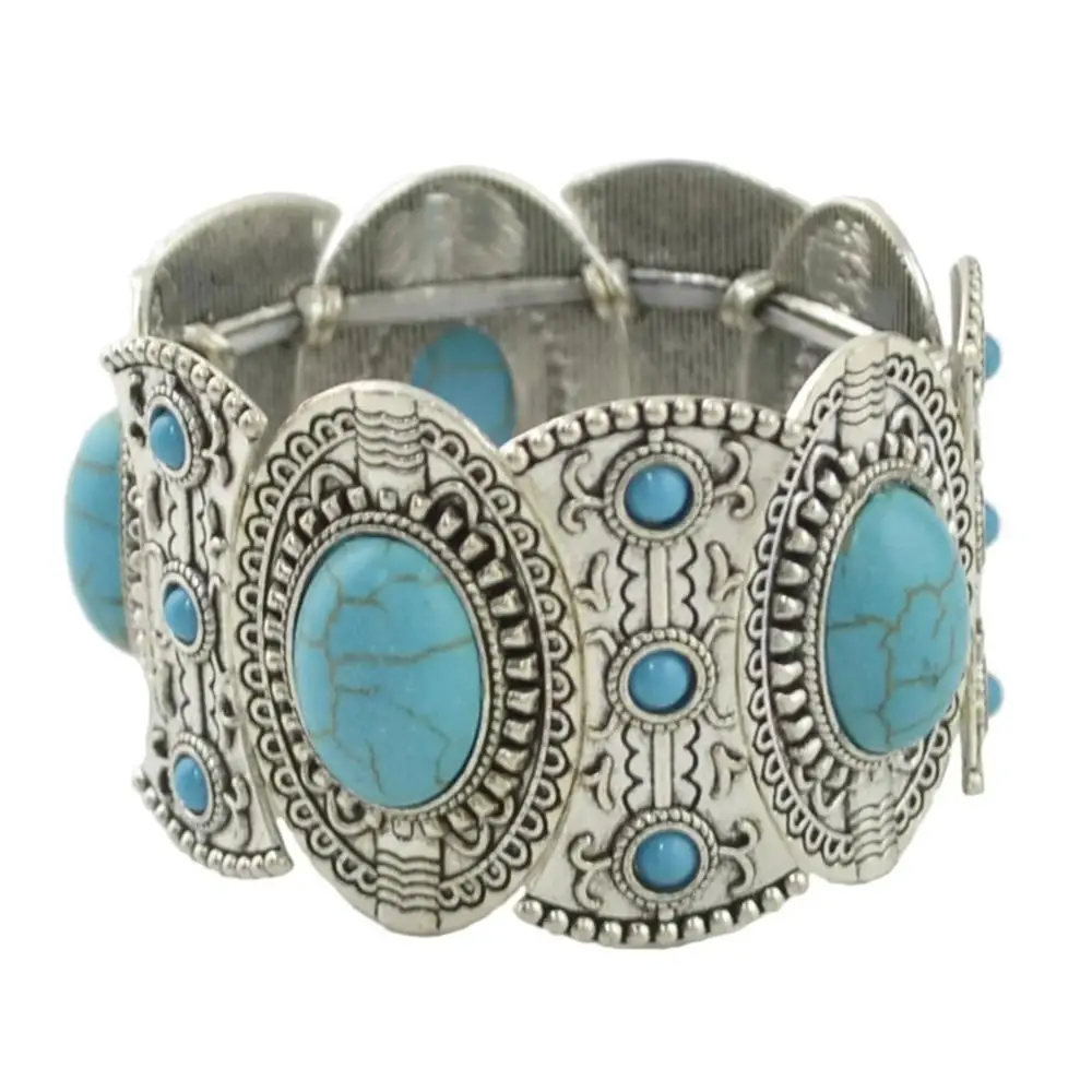 Этнические Tibetian серебро с голубым камнем браслеты и браслеты на запястье манжеты эластичный браслет массивные ювелирные изделия цыганские женщины Бохо племенной