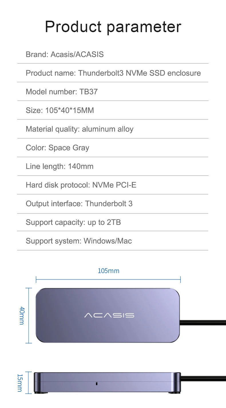 Acasis Thunderbolt 3 Mobile Enclosure  M.2 NVME  Solid State SSD Notebook Desktop External Shell Type C 40Gbps High-Speed hdd casing 3.0