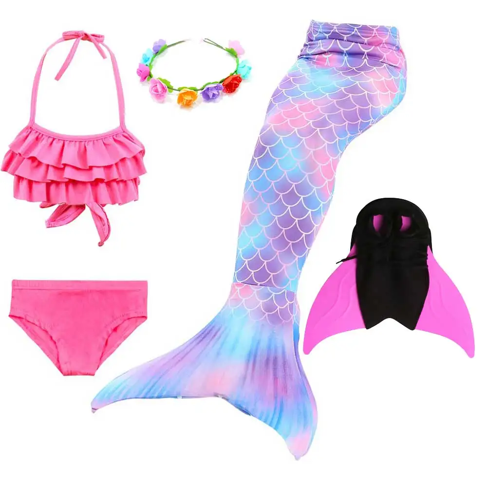 Girls Walkable And Swimmable Mermaid Tail Swimsuit Cosplay Costume Kids Children Bikini And Sparkle Mermaid Swimtail - Цвет: 5pcs Set 3