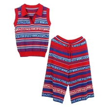 Новинка лета, женское вязанное Полосатое пальто без рукавов с буквенным принтом, лацканы+ широкие брюки на шнуровке, двухкомпонентный наряд