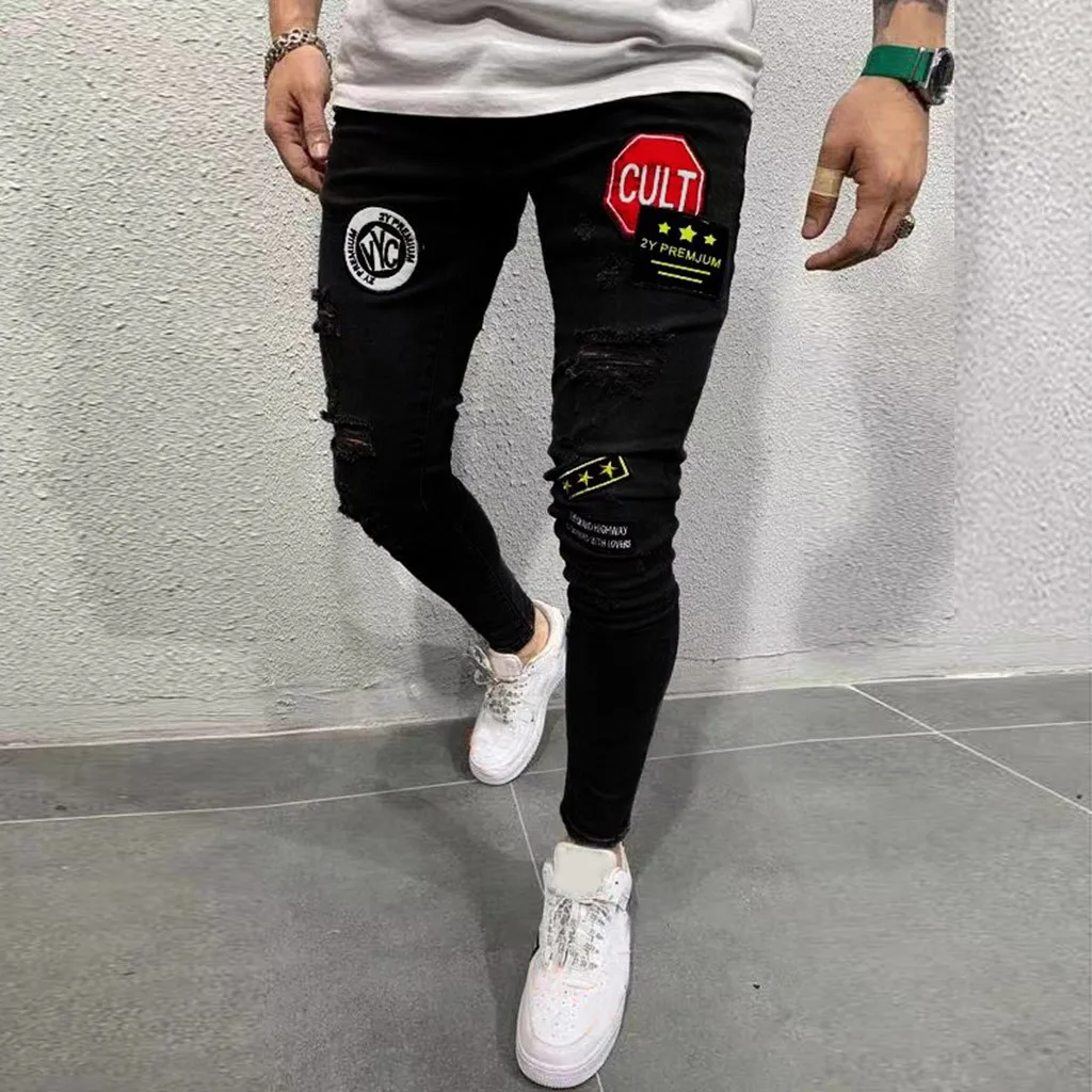 

2019 autumn men Casual Denim Pants Classic Cowboys Young hole zipper jeans Slim men trousers Man black red white jeans trousers
