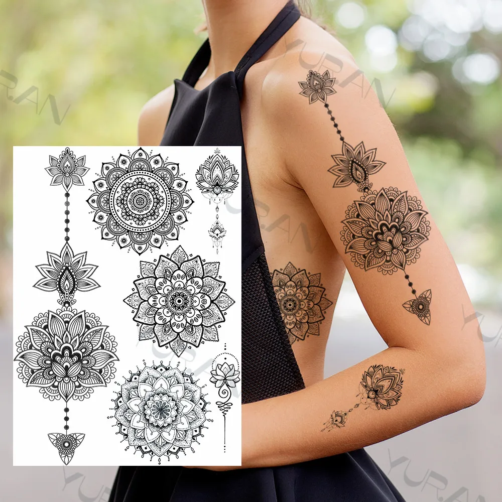 YURAN Donna Ragazza Braccio Grande Gufo Tatuaggio Finto Temporaneo  All'henné India Adesivi Tatoo Personalizzato Mandala Fiore Tartaruga Nera  Tatuaggi Pizzo - AliExpress, image size:1000x1000