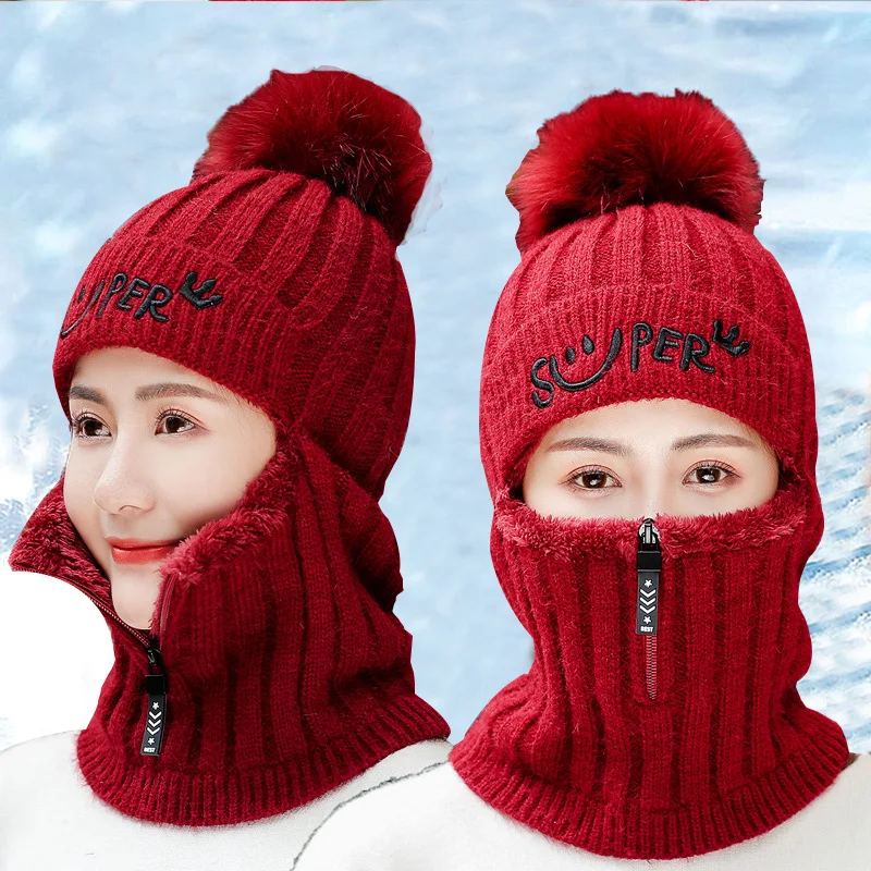 

Hat Women's Winter Knitted Wool Cap Warm plus Velvet Korean-style Versatile Autumn & Winter Cycling Earmuff One-piece Set of Hea