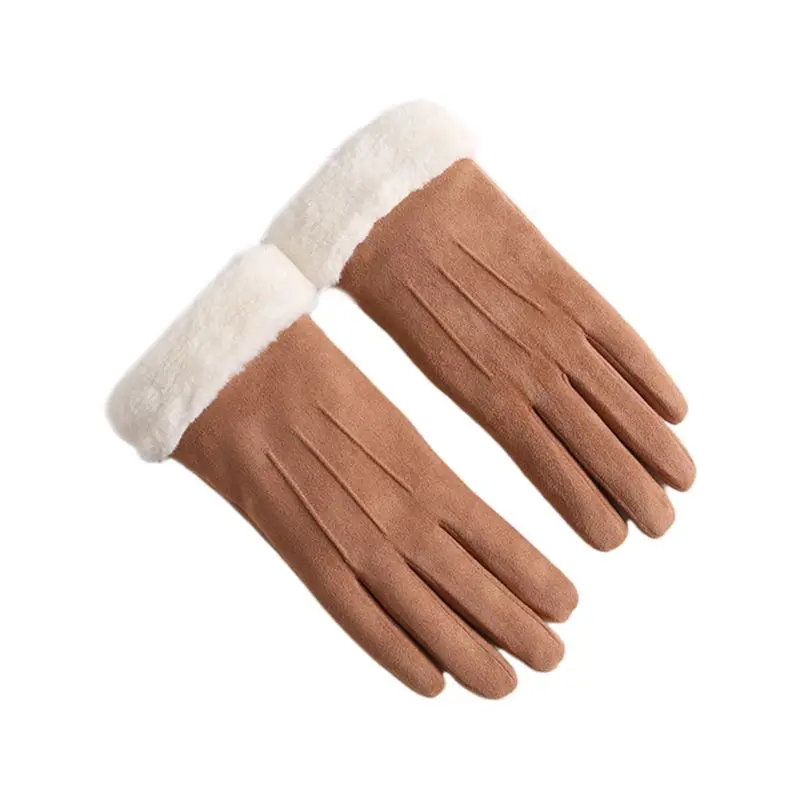Хаки Womens Girls Autumn Winter Touchscreen Gloves Solid Color Plush Cuff Thermal Thick Lining Suede Mittens Driving Ski Wrist Warmer - Цвет: Хаки