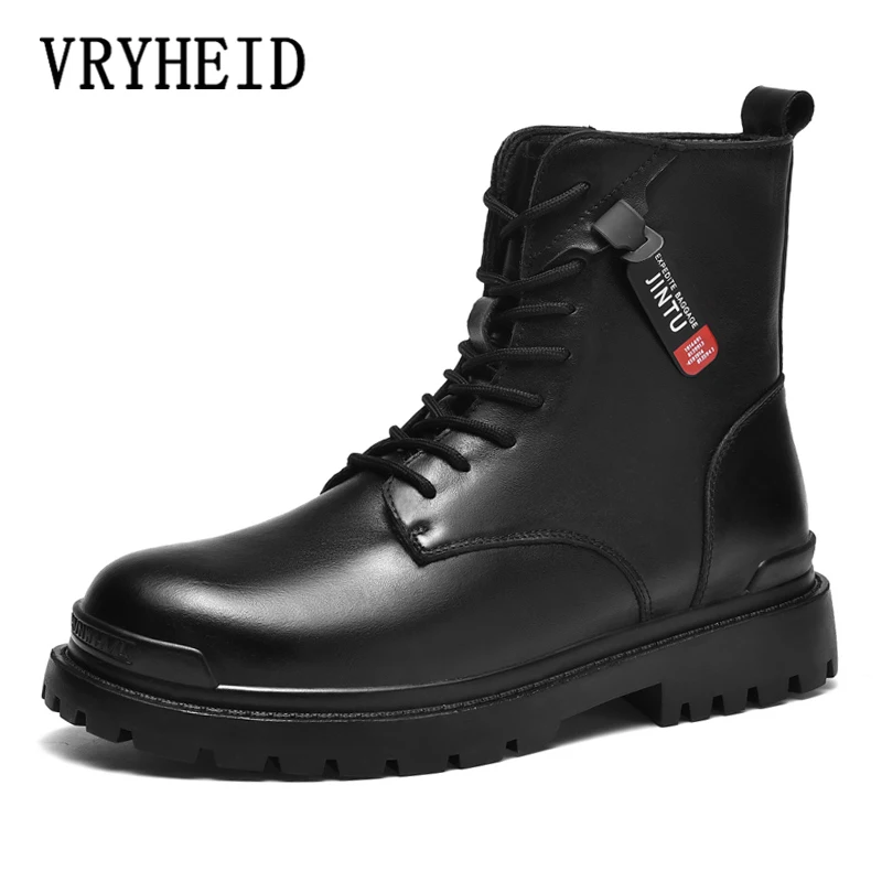 

VRYHEID New Genuine Leather Men Boots Black High Top Fashion Winter Snow Shoes Comfortable Motorcycle Couple Unisex Ankle Boots