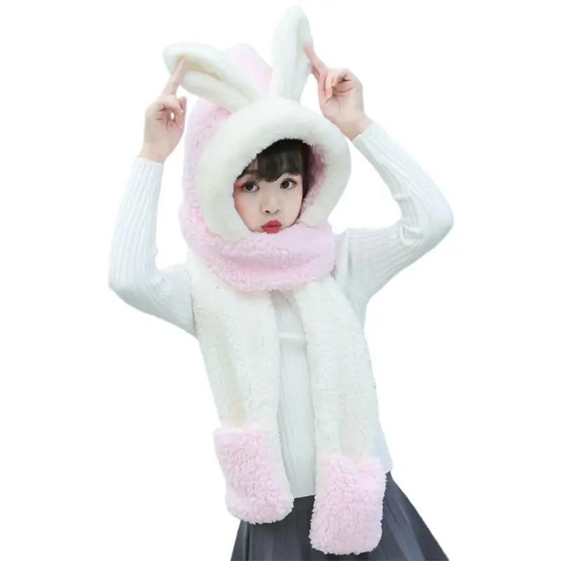 THINKTHENDO дети 3 в 1 шарф шапка перчатки сшитые цветные очаровательные кроличьи ушки Толстовка ушанка - Color: 1