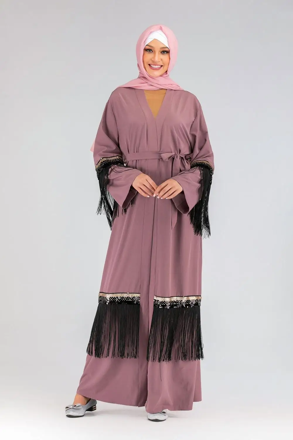 Elegant Muslim Tassels Abaya Maxi Dress Cardigan Long Robe Gowns Kimono Jubah Ramadan Arab Dubai Caftan Islamic Prayer Clothing - Цвет: purple