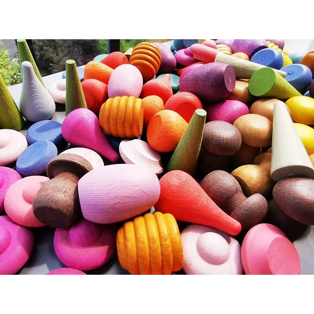 6pcs Children Wooden Rainbow Mandala Loose Parts Toys Mushrooms Honeycomb Droplets Tree Cones Mini Coins Building Blocks 4